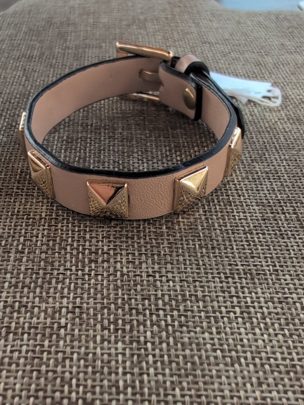 Studded Tan Leather Bracelet with Gold Pyramid Accents